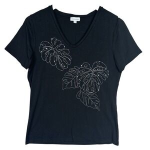 Un Jour Ailleurs Black Sequin Monstera Leaf V Neck Stretch Top Size 2 US Medium